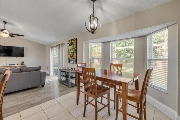 a view of a dining room with furniture window and outside view