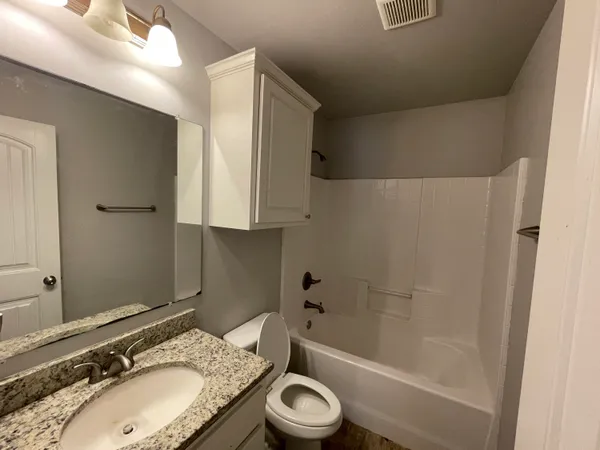 a bathroom with a granite countertop sink toilet and shower