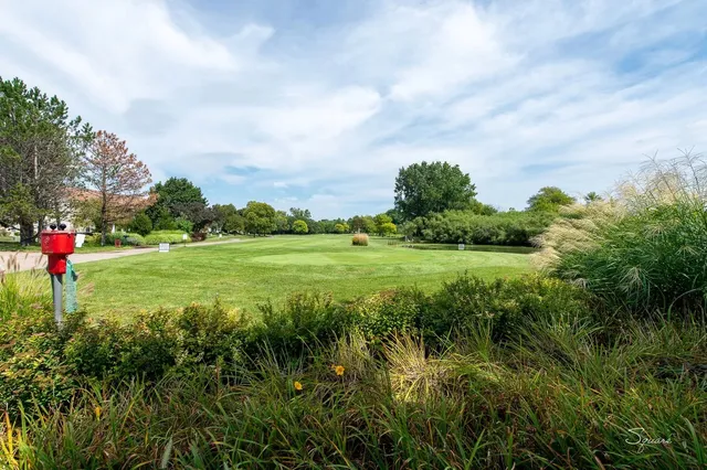 a view of a garden with a building in the background