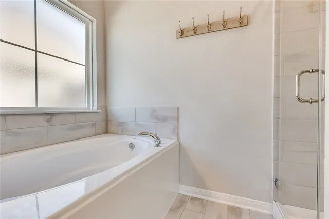 a bathroom with a bathtub and shower