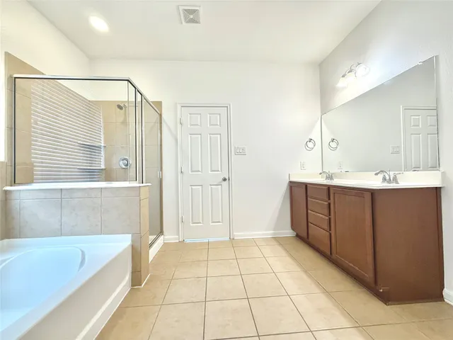 a bathroom with a tub a sink a mirror and a shower