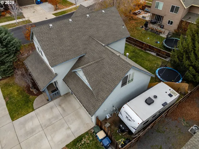 an aerial view of a house roof deck