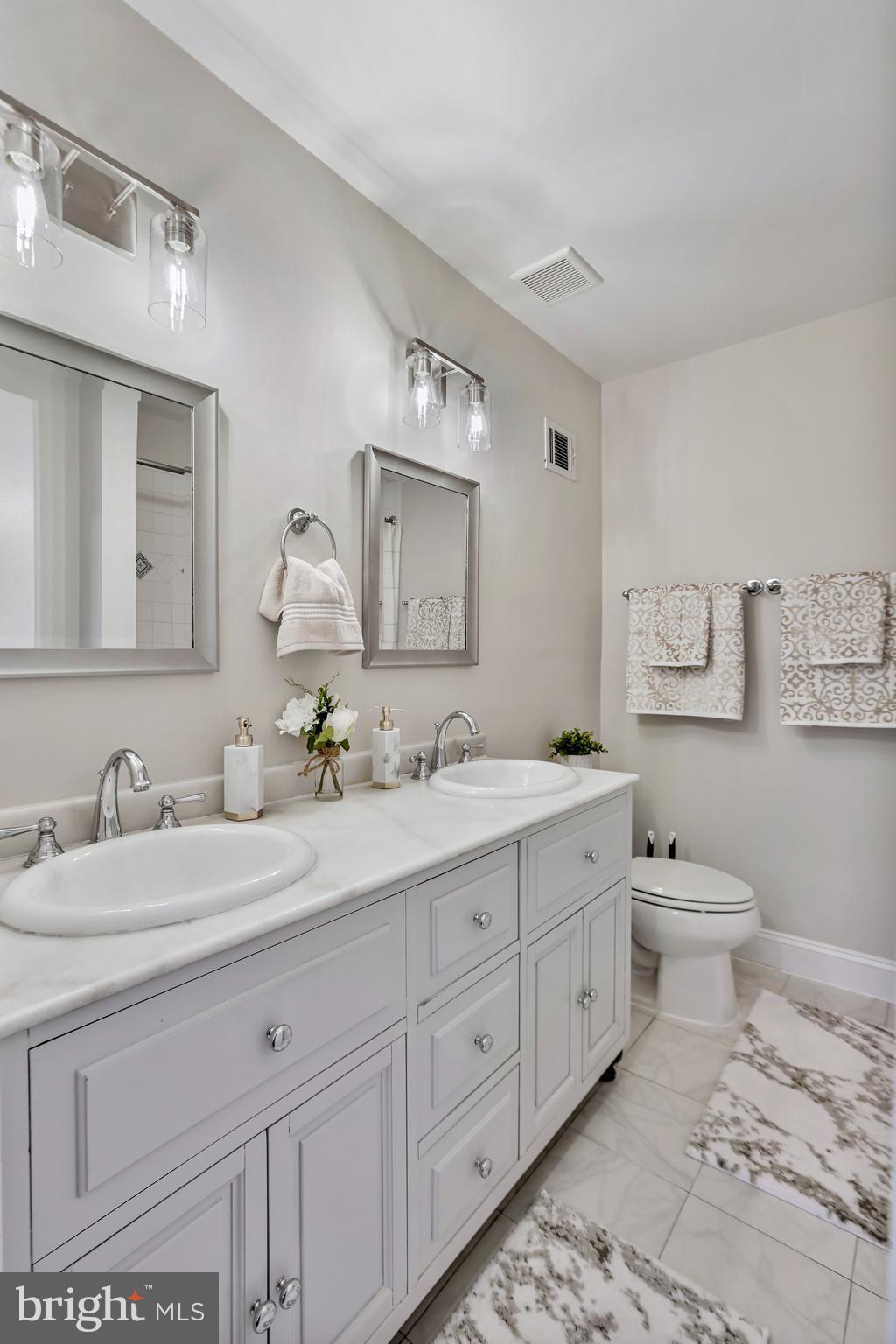 2257 Wheelwright Court Reston, VA 20191 - Photo 22 of 40 a bathroom with a toilet a double vanity sink and a mirror