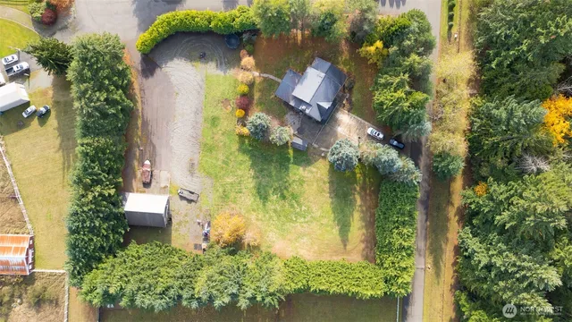 an aerial view of a house with swimming pool and large trees