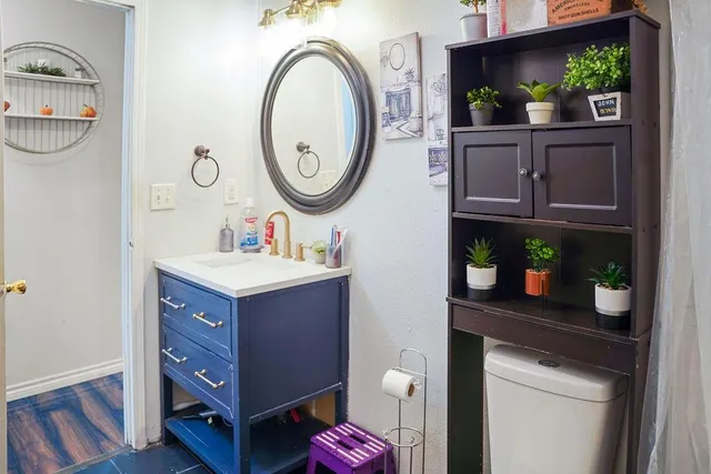 a bathroom with a sink a vanity and a mirror