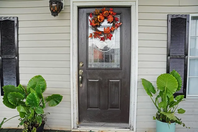 a vase of flowers sitting on a wooden door