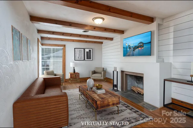 a living room with furniture a rug and a fireplace