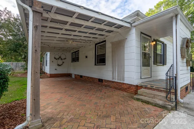 a view of a backyard with plants and large tree