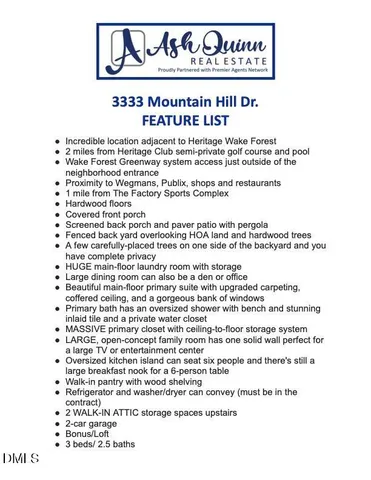 $595,000 | 3333 Mountain Hill Drive, Wake Forest, NC 27587