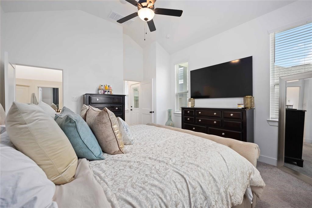 10014 Nectar Path Iowa Colony, TX 77583 - Photo 19 of 26 This is a bright, spacious bedroom featuring a large bed with plush pillows, a ceiling fan, and a wall-mounted TV. The room has ample natural light from two windows, a dark wood dresser, and a stylish floor mirror, creating a cozy and inviting atmosphere.