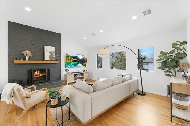 a living room with furniture a fireplace and a potted plant
