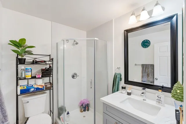 a bathroom with a sink a toilet and a mirror