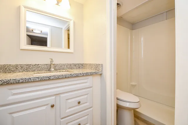 a bathroom with a shower and a toilet