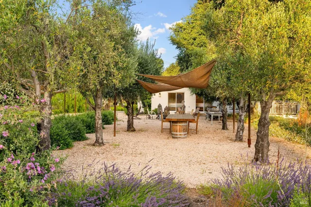 a swimming pool with outdoor seating and trees