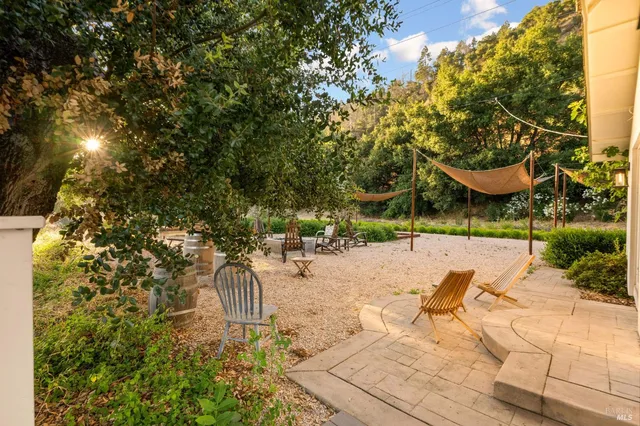 a view of a backyard with plants and a patio