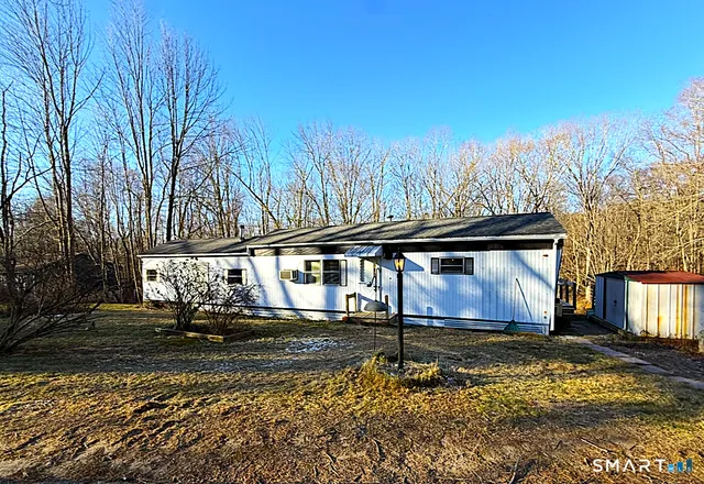 a view of a yard with large trees