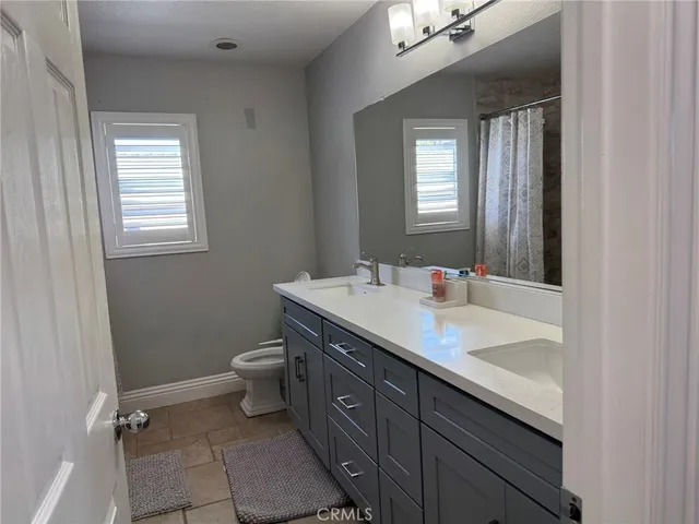 a bathroom with a double vanity sink toilet and a mirror