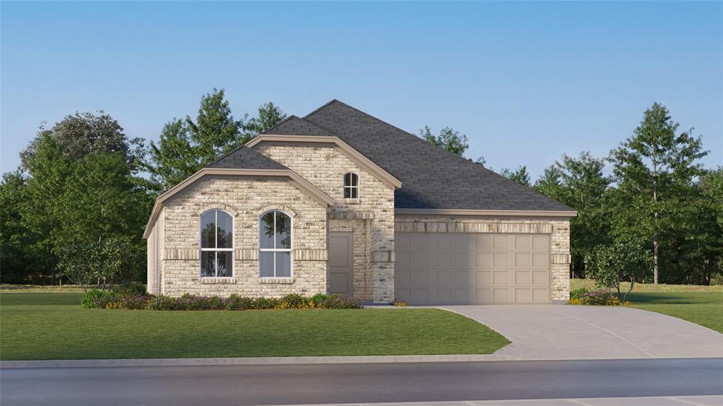 Single-story residence featuring light-toned brickwork, a dark shingle roof, arched windows, and an attached two-car garage with a concrete driveway