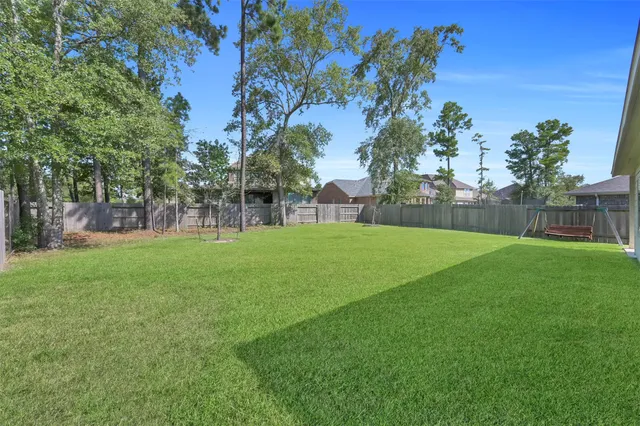 a view of a park with large trees