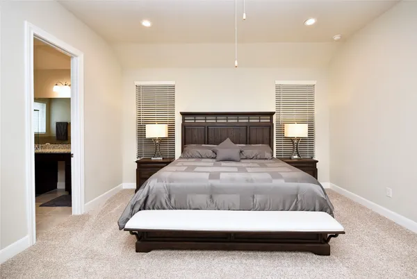 a bedroom with a bed and ceiling fan