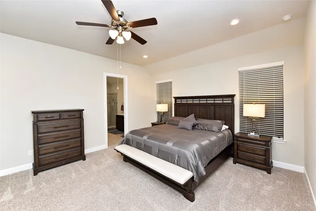 a bedroom with a large bed and a chandelier