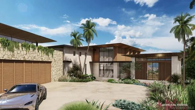 a front view of a house with a yard and potted plants