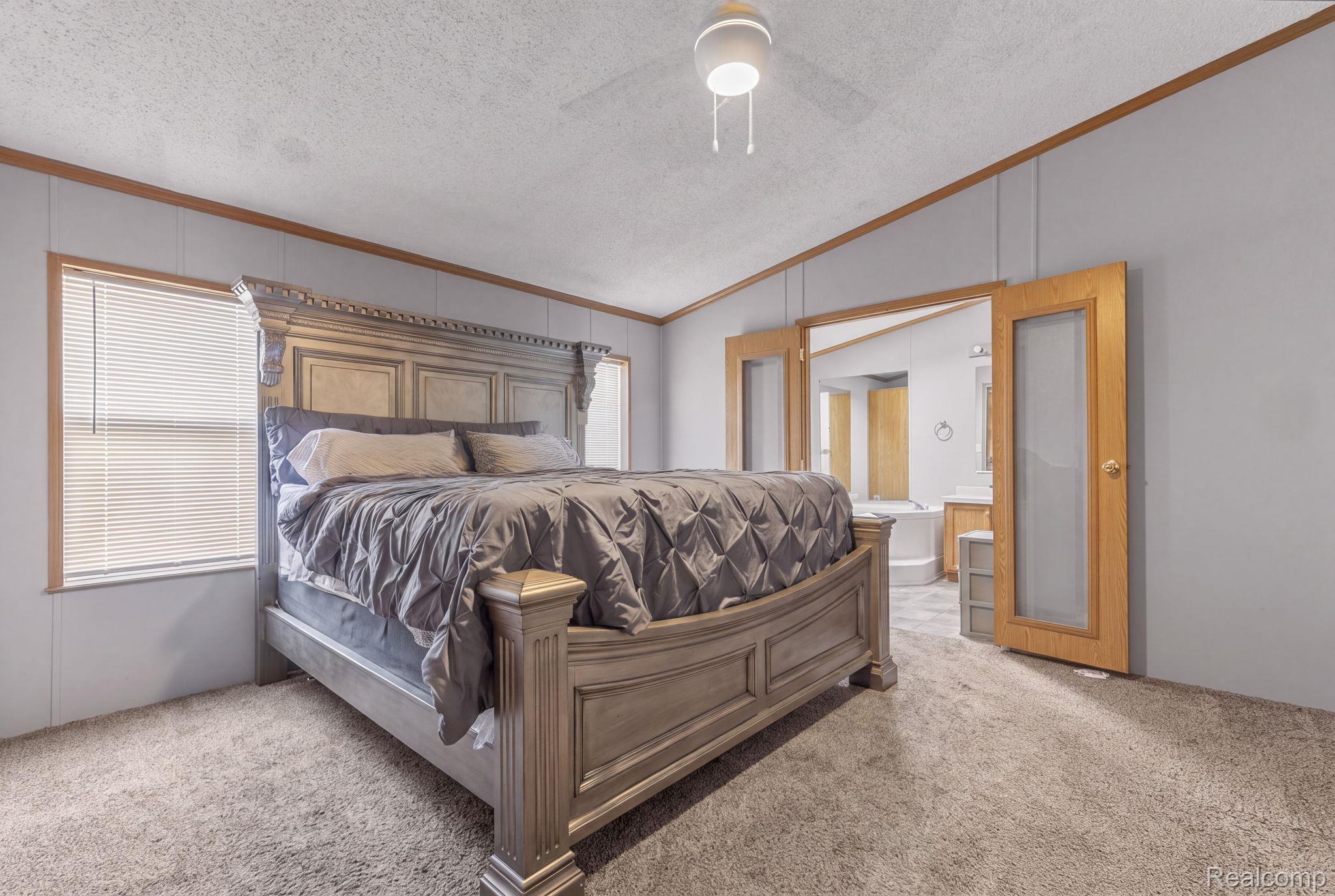 19921 Rhapsody Drive Clinton Township, MI 48036 - Photo 15 of 19 Plank wall panels, ceiling fan, carpet flooring, windows with blinds, and double doors with frosted glass