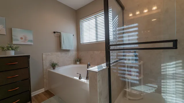 a bathroom with a bathtub and shower