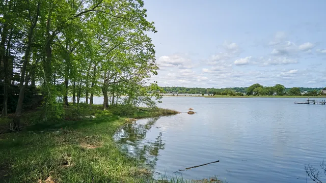a view of lake with green space