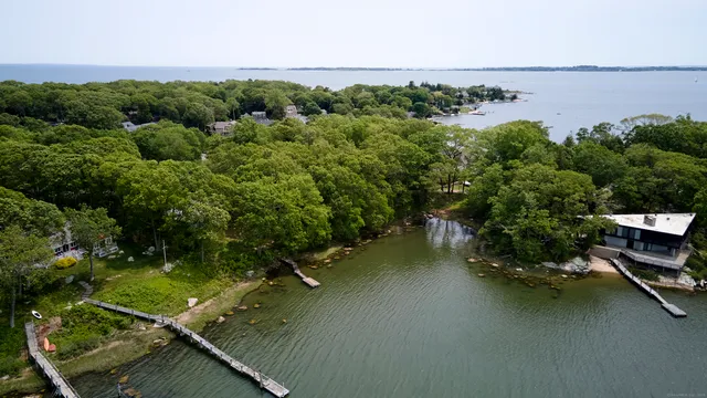 an aerial view of residential houses with outdoor space and trees all around
