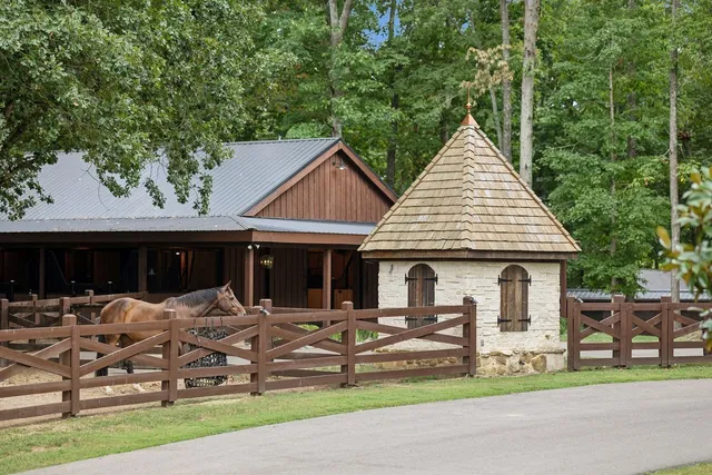 a view of a fountain in the middle of a yard