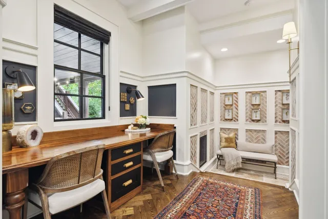 a lake view with a sitting space and garden