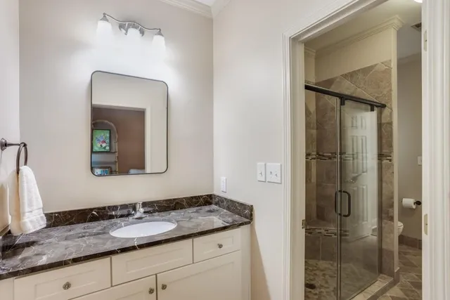 a bathroom with a granite countertop sink vanity and mirror