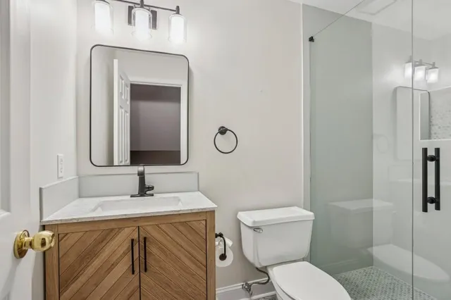 a bathroom with a toilet sink vanity and mirror