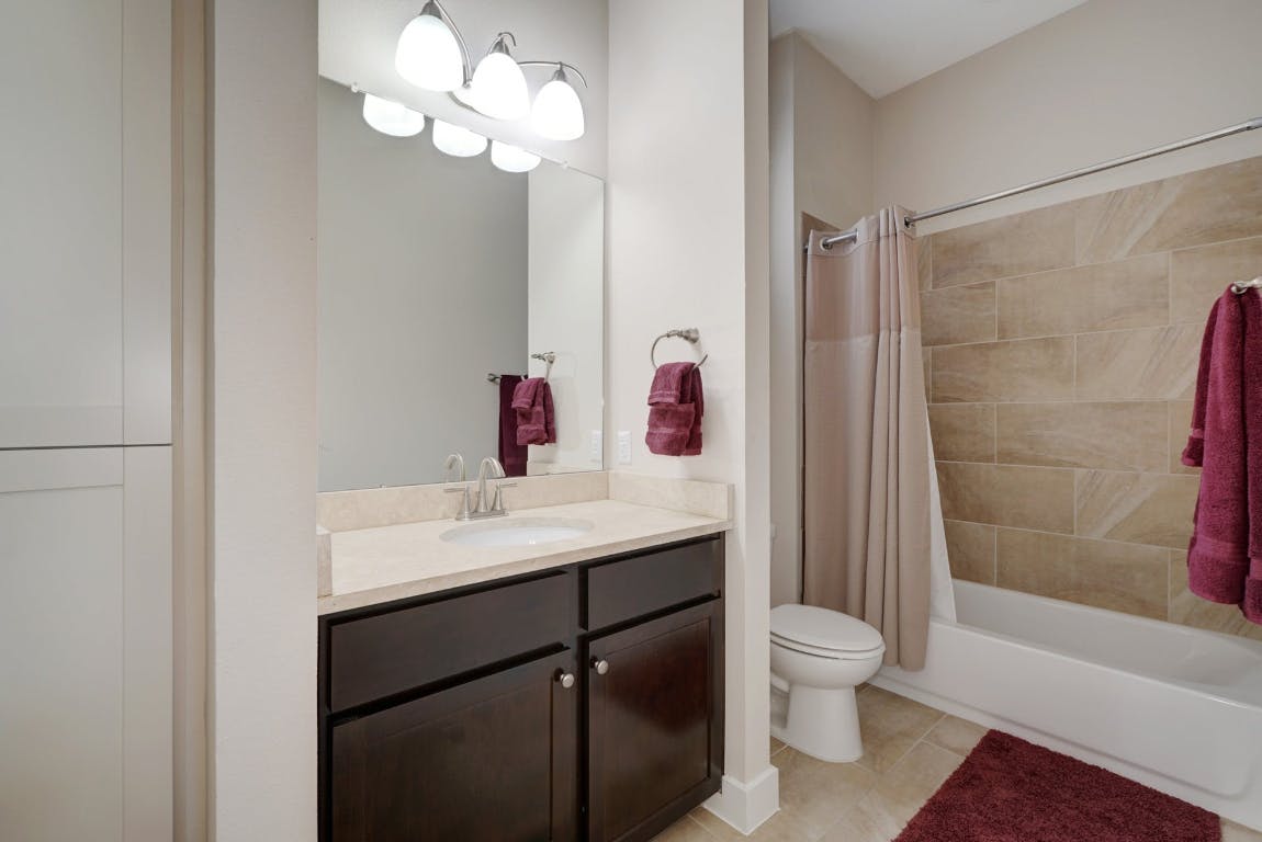 2520 Bluebonnet Lane, Unit 41 Austin, TX 78704 - Photo 20 of 30 a bathroom with a sink a toilet a mirror and shower