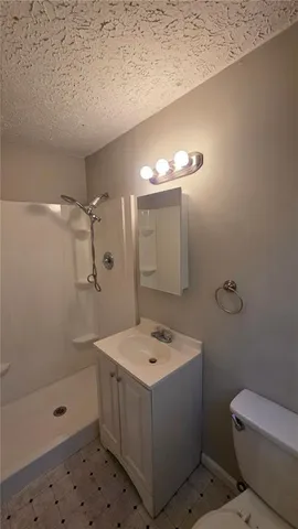 a bathroom with a sink a toilet and shower