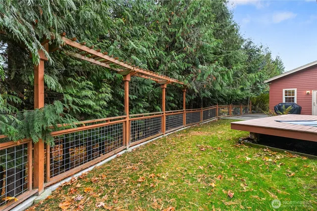 a view of a yard with plants and trees