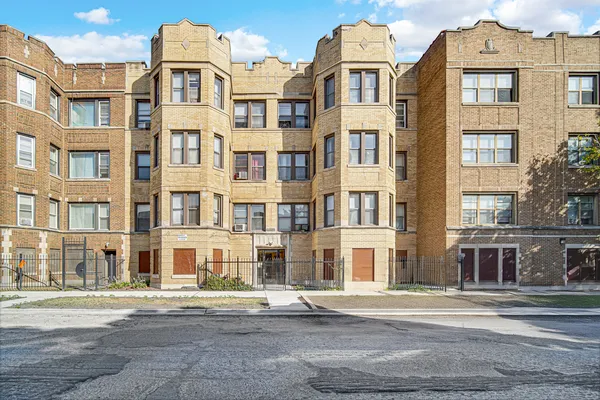 a front view of a brick building