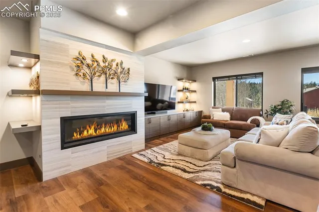 a living room with furniture and a fireplace
