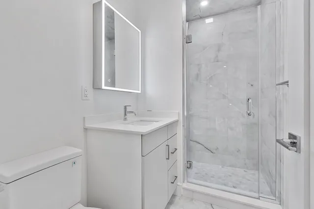 a bathroom with a sink a toilet and shower