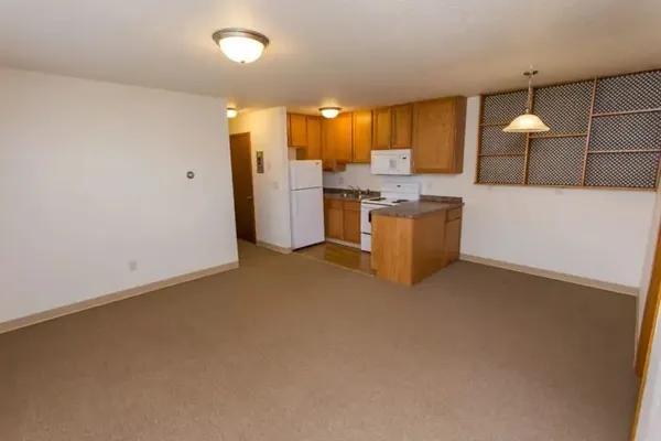 a large kitchen with a large counter top appliances and cabinets