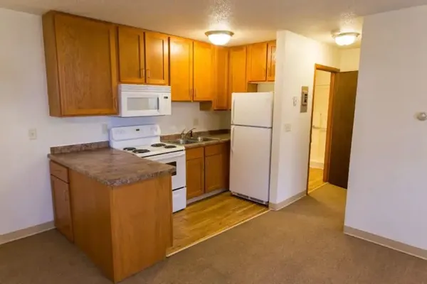 a kitchen with a refrigerator sink and cabinets