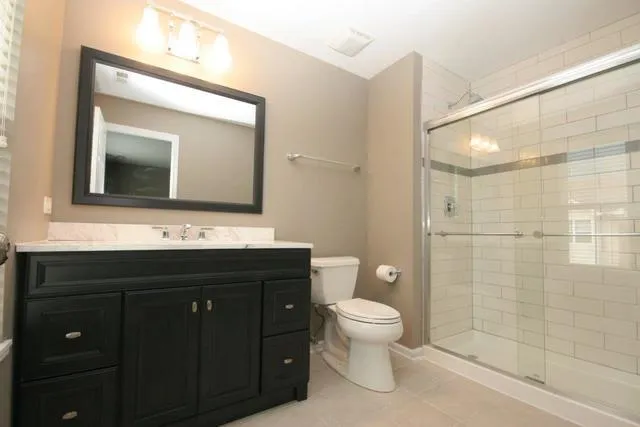 a bathroom with a toilet a sink a vanity a mirror and shower