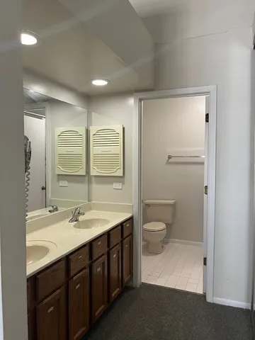 a bathroom with a double vanity sink toilet and a mirror
