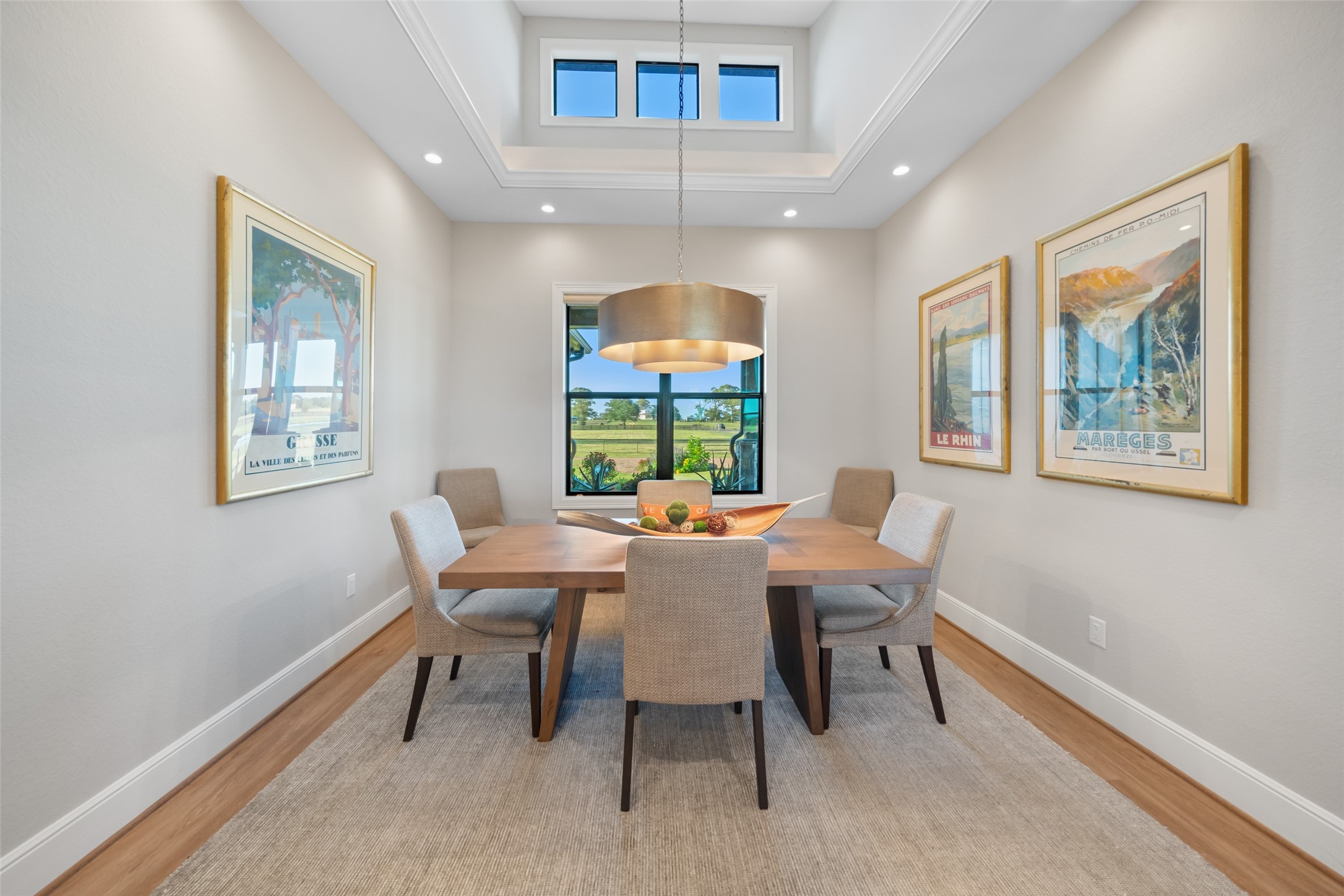 30163 High Spirit Ranch Road Hempstead, TX 77445 - Photo 16 of 47 A tray ceiling with clerestory windows
adds architectural interest to the
dining room, complemented by a
striking central light fixture.
