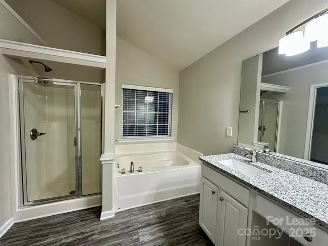 a bathroom with a granite countertop bathtub shower sink and mirror