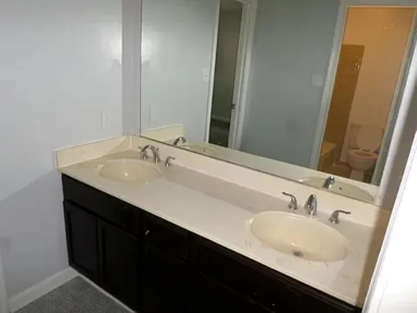 a bathroom with a sink double vanity and a mirror