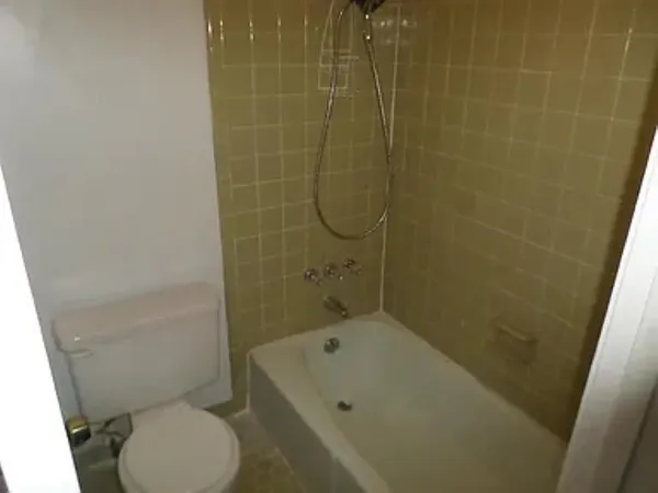 a bathroom with a bathtub and toilet