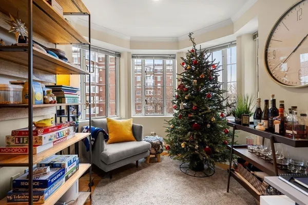 a living room with furniture a bookshelf and a potted plant