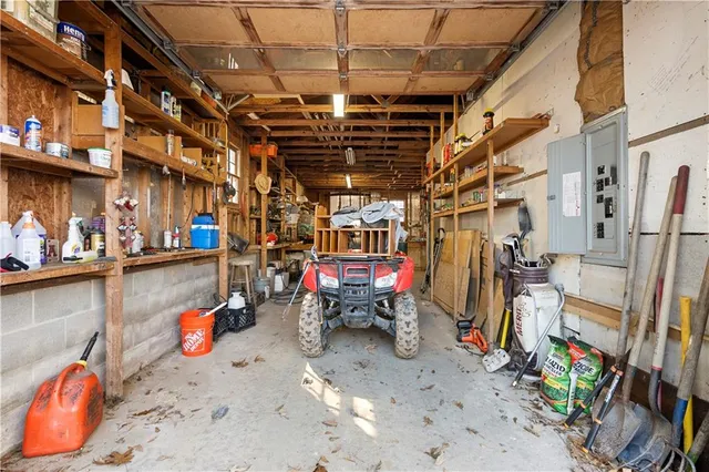 a view of a yard with large trees